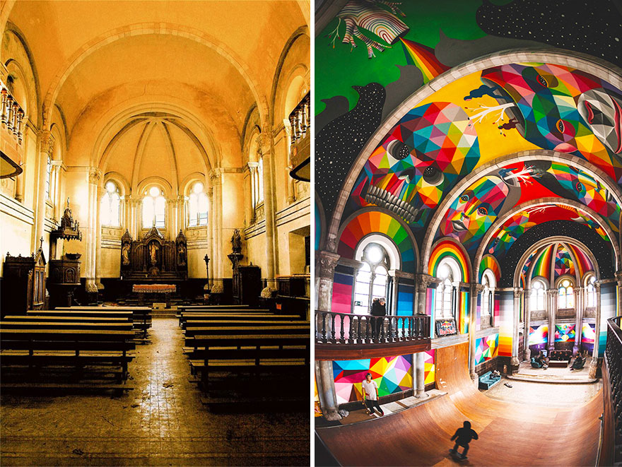 Kostol so skate parkom a grafity
