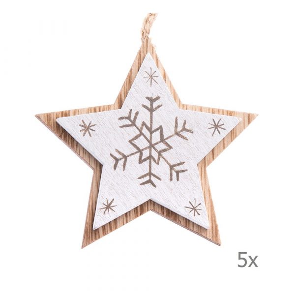 Sada 5 bielych drevených závesných ozdôb v tvare hviezdy Dakls, dĺžka 7,5 cm