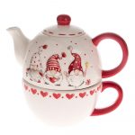 Červeno-biela keramická kanvica na čaj s motívom trpaslíkov Dakls