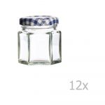Sada 12 zaváracích pohárov s modrým viečkom Kilner Hexagonal, 48 ml