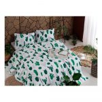 Set bavlneného plédu cez posteľ, plachta a 2 obliečky na vankúš Kaktus Green, 200 x 235 cm