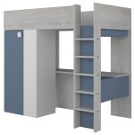 Sconto Poschodová posteľ so skriňou a stolom EMMET V pínia cascina/modrá, 90×200 cm