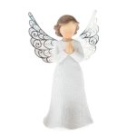 Polyresinový anjel s kovovými krídlami biela, 12 x 7 cm